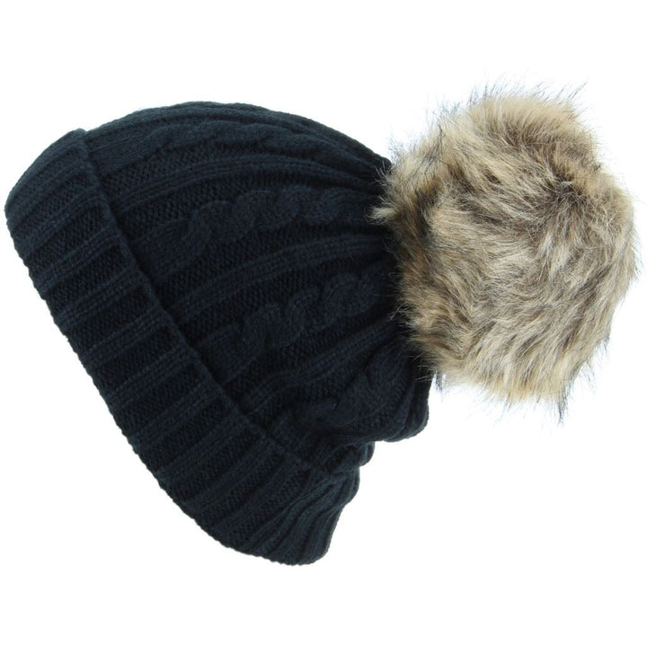 Cable Knit Beanie Hat with Faux Fur Bobble - Black