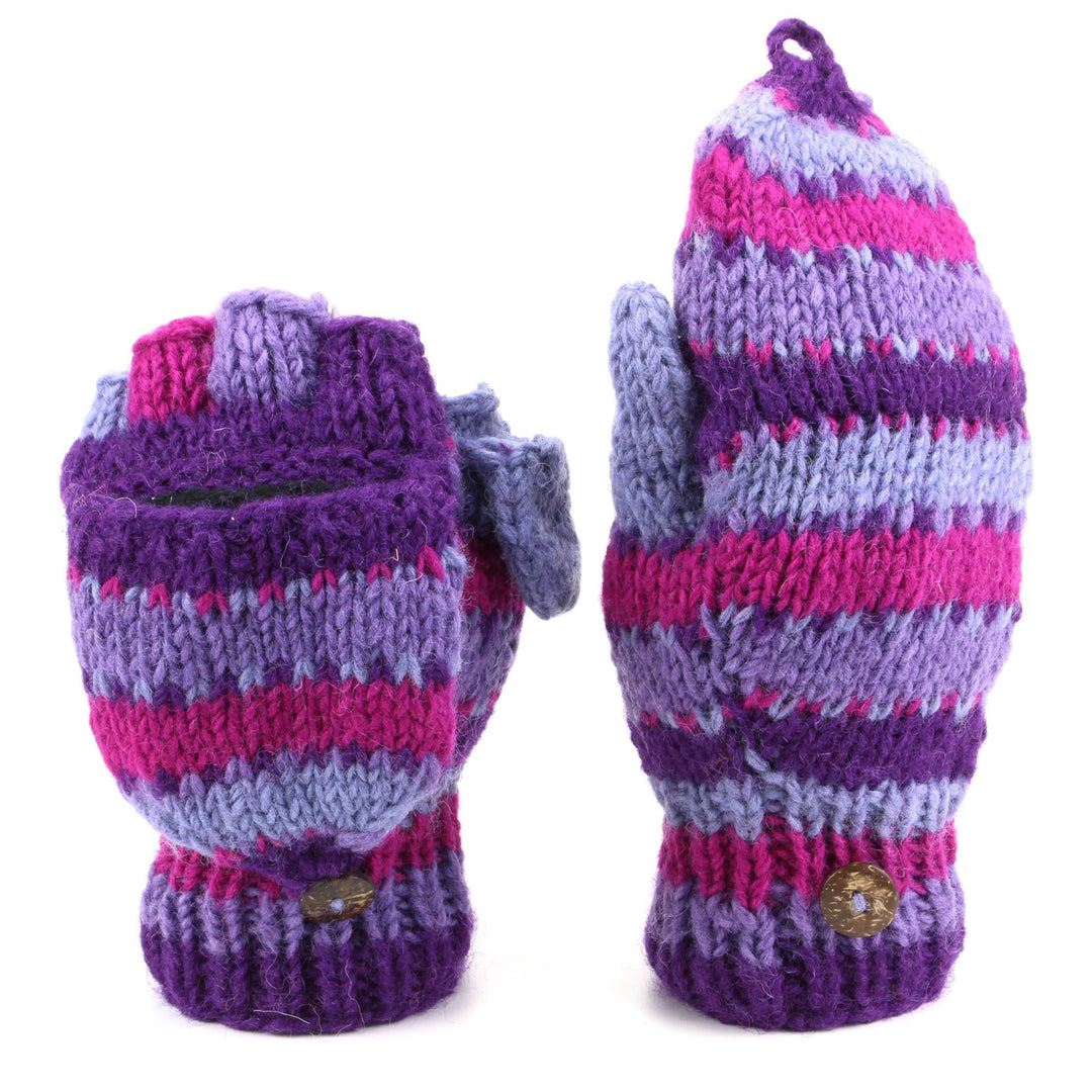 Chunky Wool Knit Fingerless Shooter Gloves - Stripe - Purple