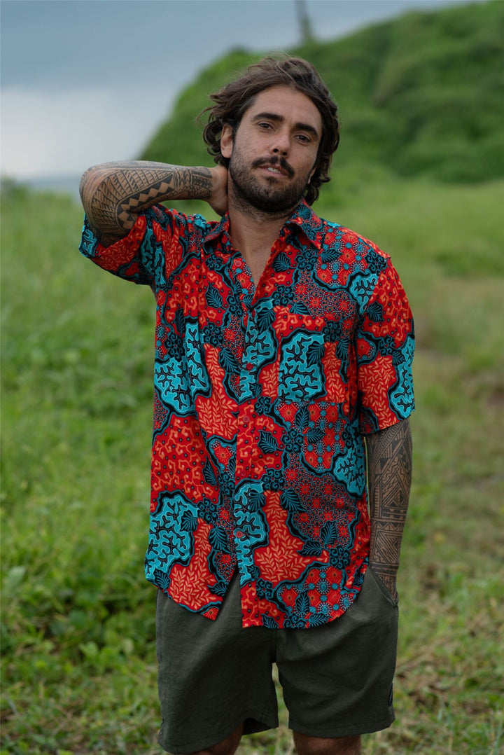 Regular Fit Short Sleeve Shirt - Coral Batik Mosaic