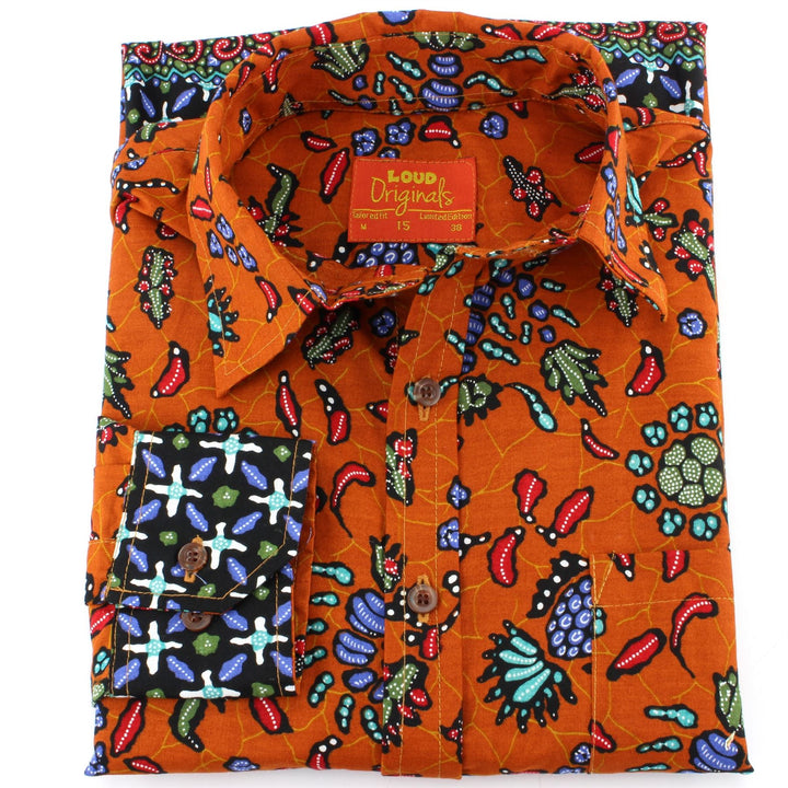 Tailored Fit Long Sleeve Shirt - Orange Abstract