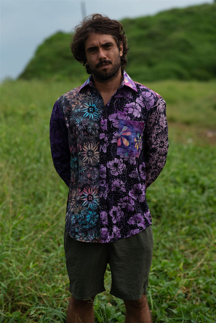 Regular Fit Long Sleeve Shirt - Random Mixed Panel Batik Purple