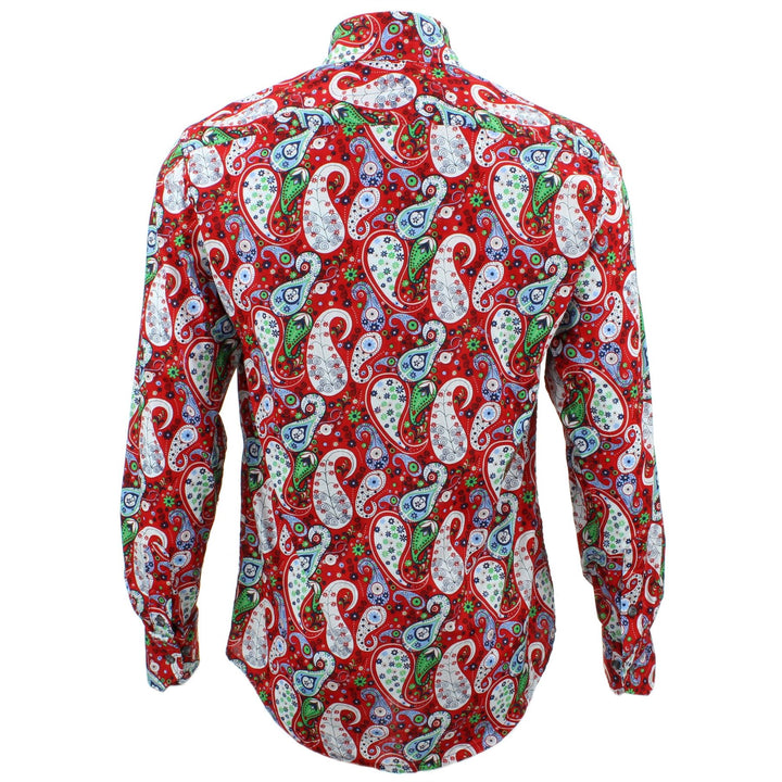 Tailored Fit Long Sleeve Shirt - White Paisley on Red