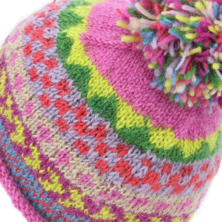 Wool Knit Beanie Bobble Hat - Chevron - Pink