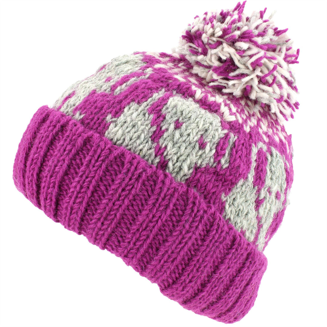 Wool Knit Bobble Beanie Hat - Elephant - Pink White