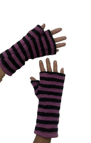 Wool Knit Fleece Lined  Wrist Warmers - Stripe Cerise Black