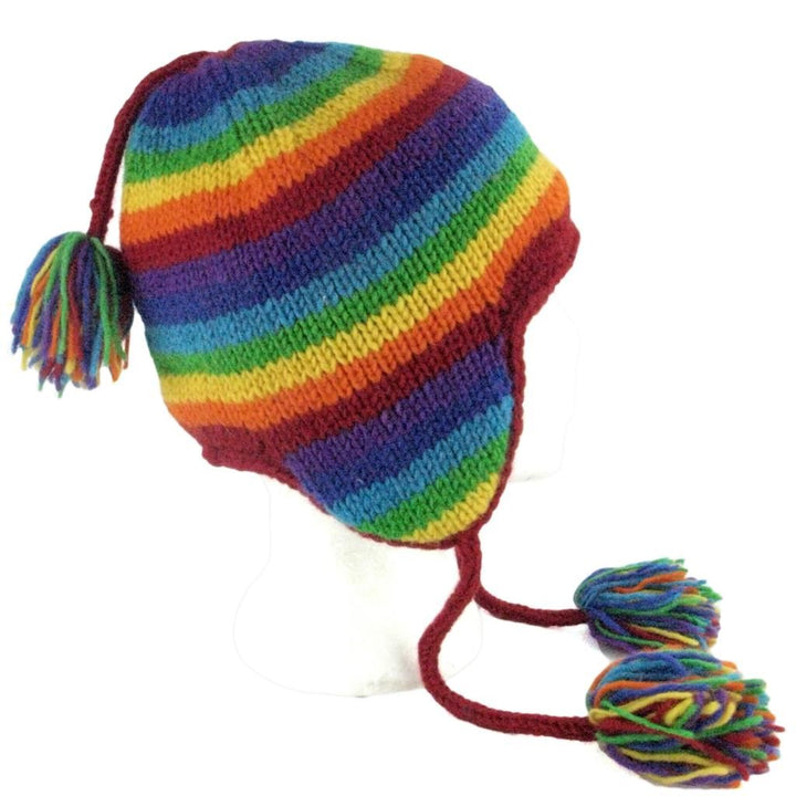 Wool Knit Earflap Tassel Hat - Stripe Rainbow
