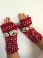 Wool Knit Fleece Lined  Wrist Warmers - Sheep Red