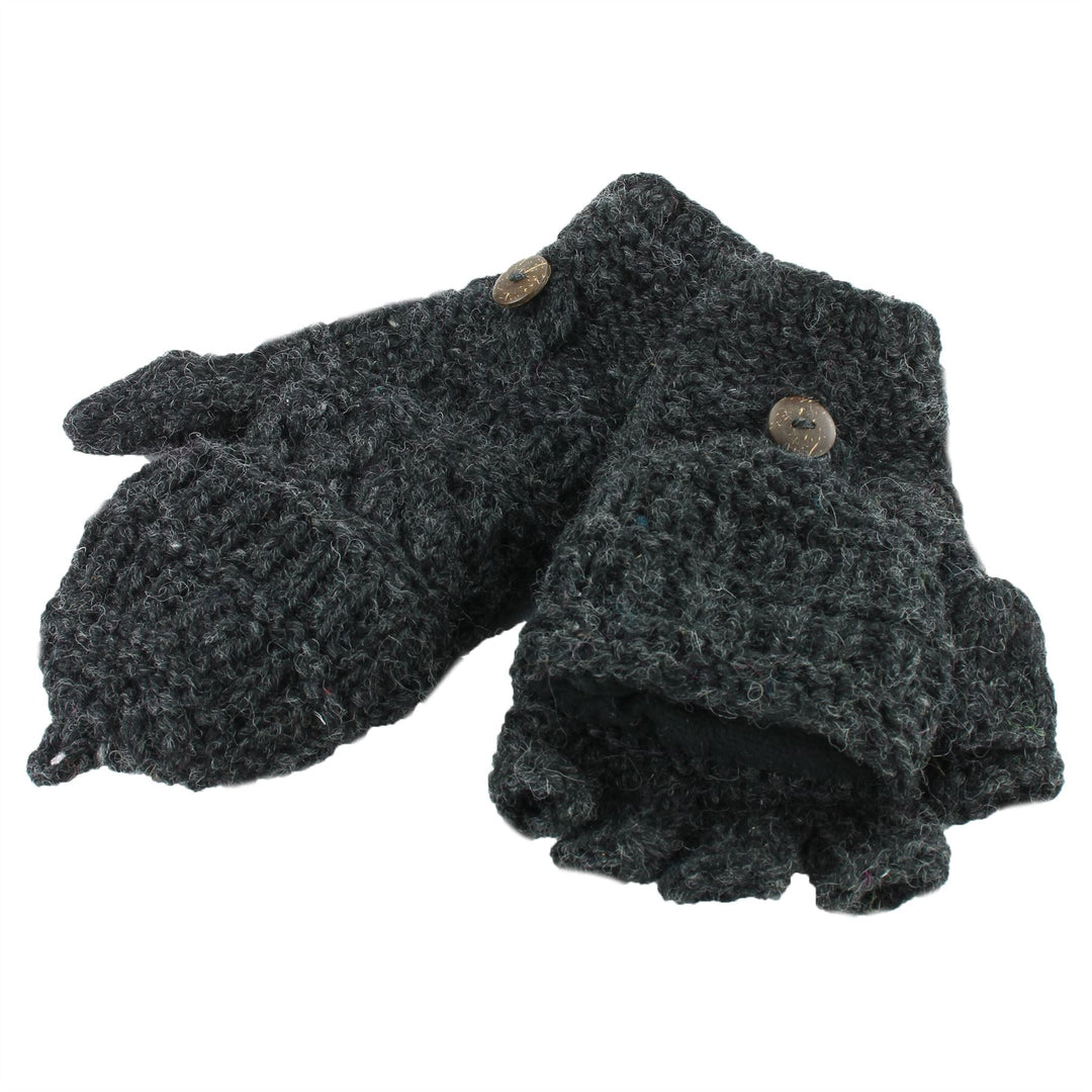 Chunky Wool Fingerless Shooter Gloves - Mixed Knits - Charcoal Grey