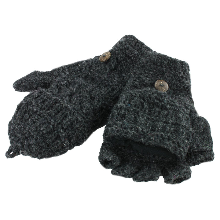 Chunky Wool Fingerless Shooter Gloves - Mixed Knits - Charcoal Grey