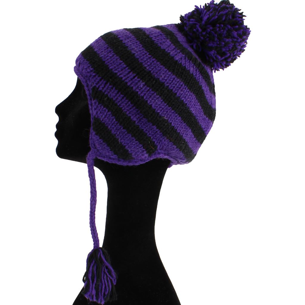 Wool Knit Earflap Bobble Hat - Stripe Purple Black
