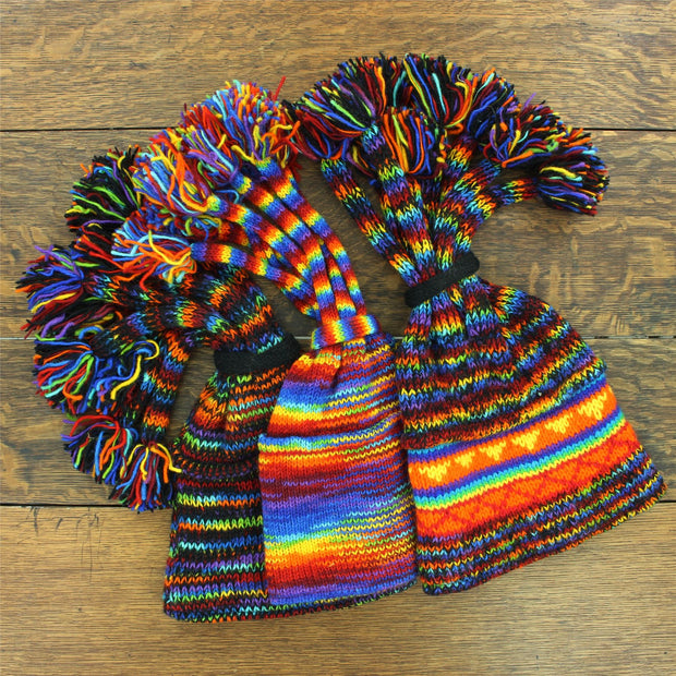Hand Knitted Beanie Fountain Tassel Hat - Stripe Dark Rainbow
