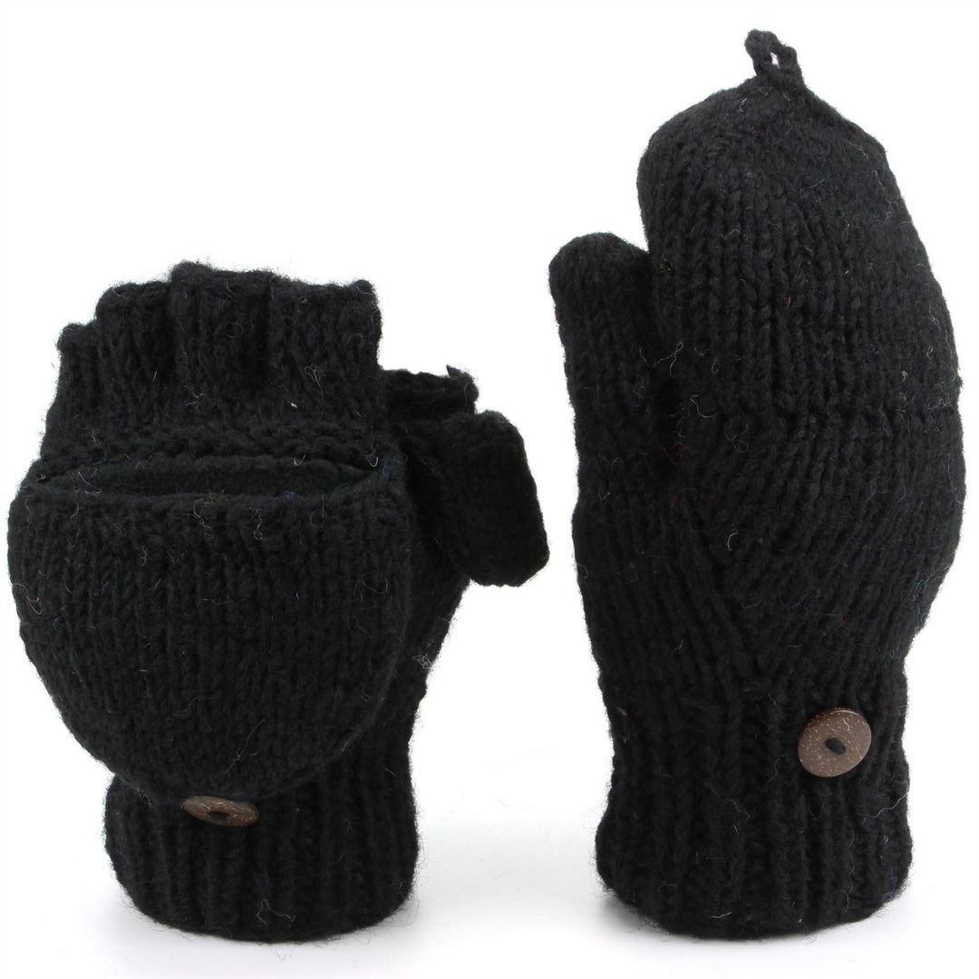 Chunky Wool Knit Fingerless Shooter Gloves - Plain - Black