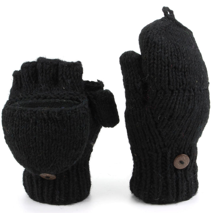 Chunky Wool Knit Fingerless Shooter Gloves - Plain - Black