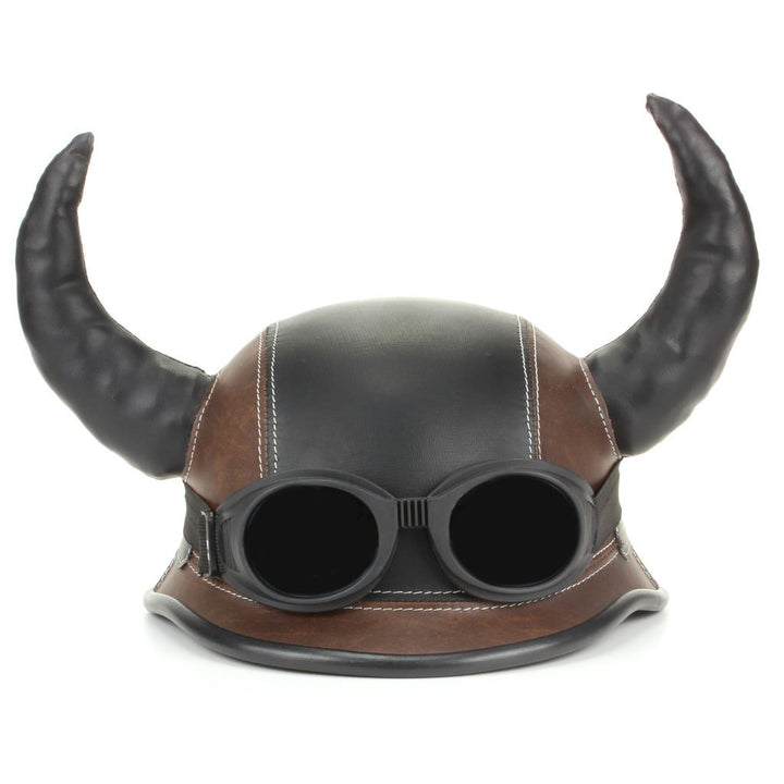 Viking Horned Novelty Festival Helmet with Goggles - Black & Brown
