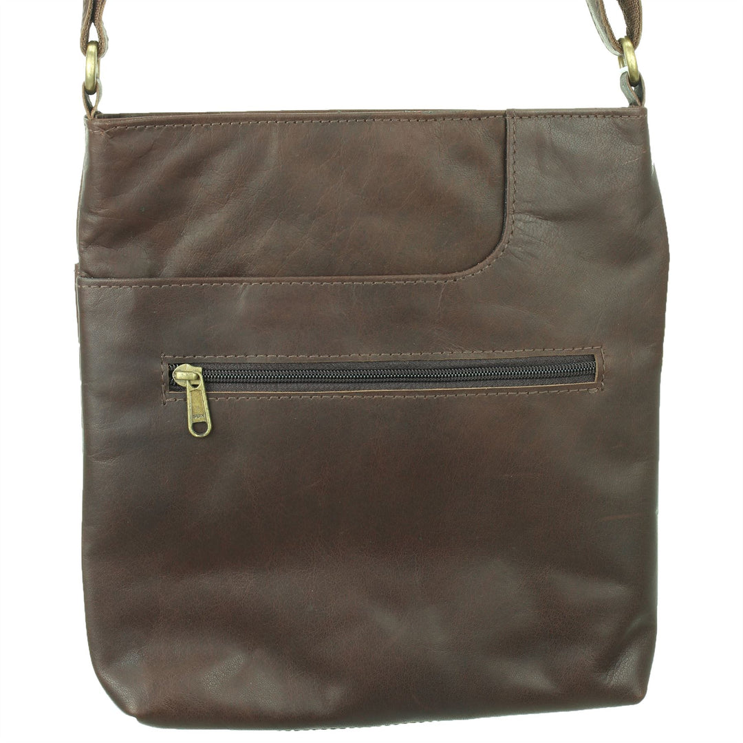 Real Leather Shoulder Bag with Front Zip and Pouch Pocket - Dark Brown