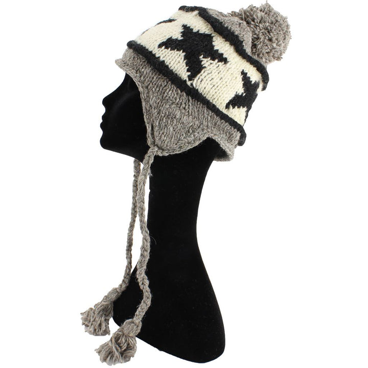 Wool Knit Earflap Bobble Hat - Star Grey