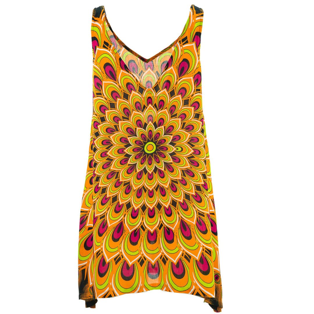 Floaty Asymmetrical Summer Dress  - Peacock Mandala Orange Red