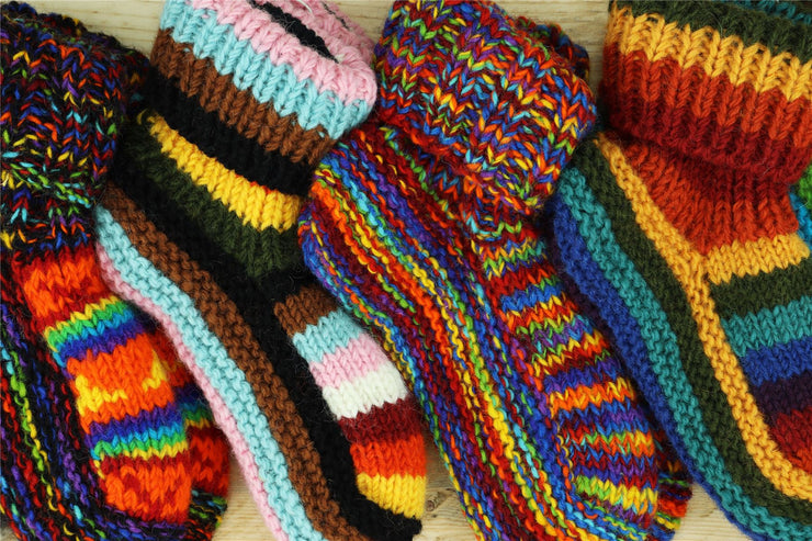 Hand Knitted Wool Slipper Socks - Stripe Bright Rainbow