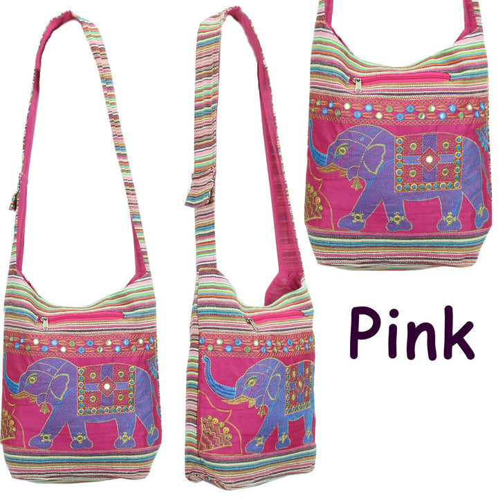 Embroidered Elephant Canvas Sling Shoulder Bag - Pink