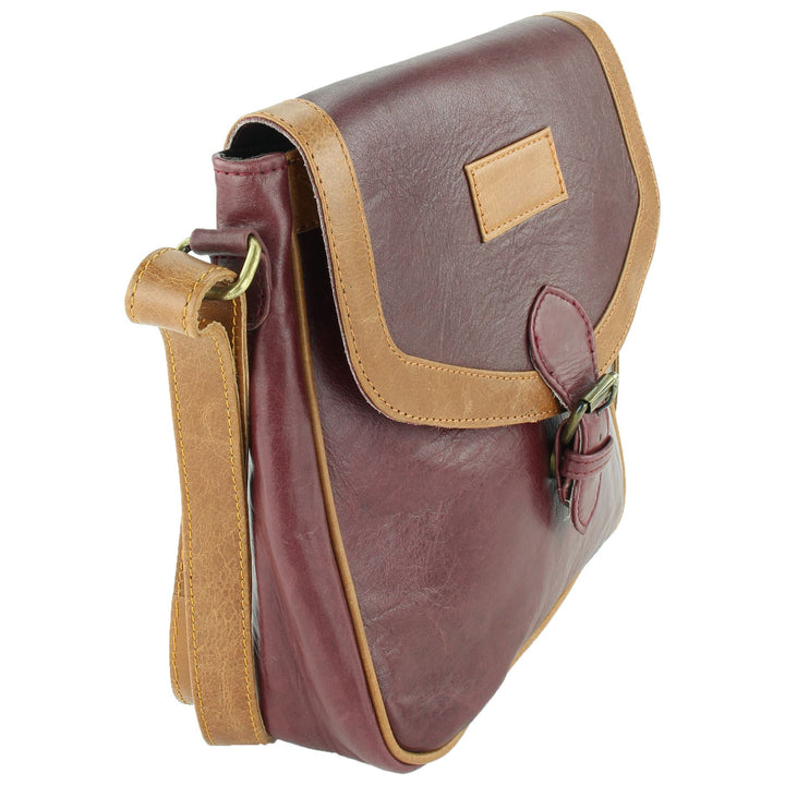 Real Leather Cross Body Messenger Shoulder Bag - Red & Brown
