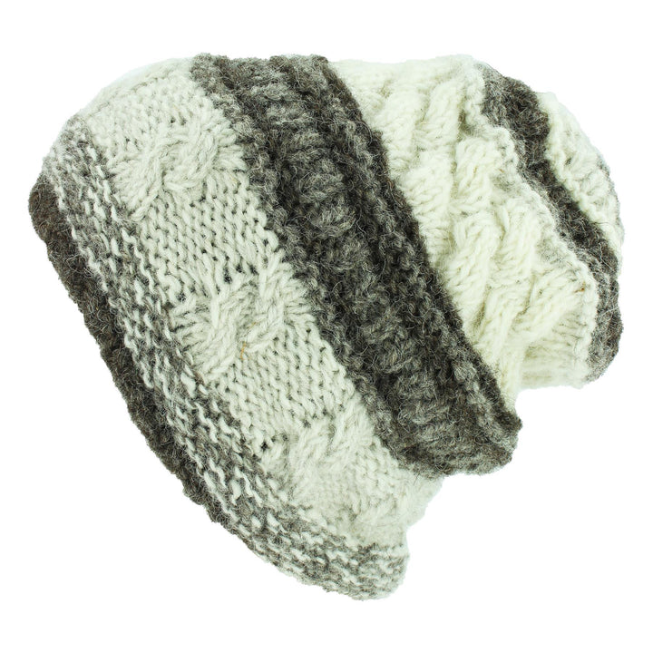 Wool Knit Beanie Hat - Stripe Natural