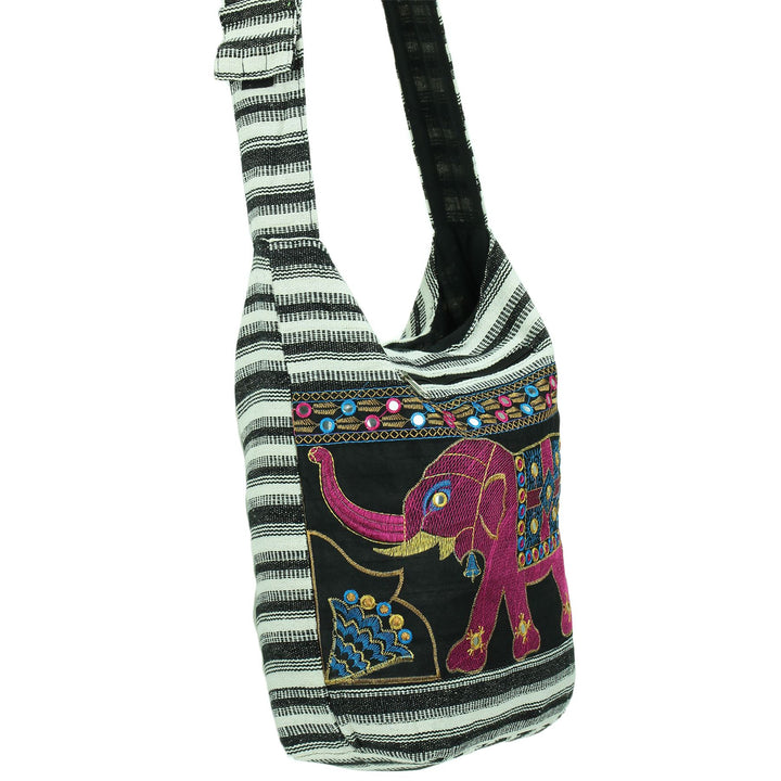 Embroidered Elephant Canvas Sling Shoulder Bag - Black White