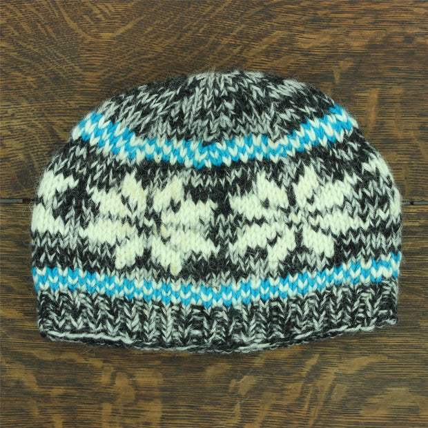 Hand Knitted Wool Beanie Hat - Snowflake Grey Turquoise