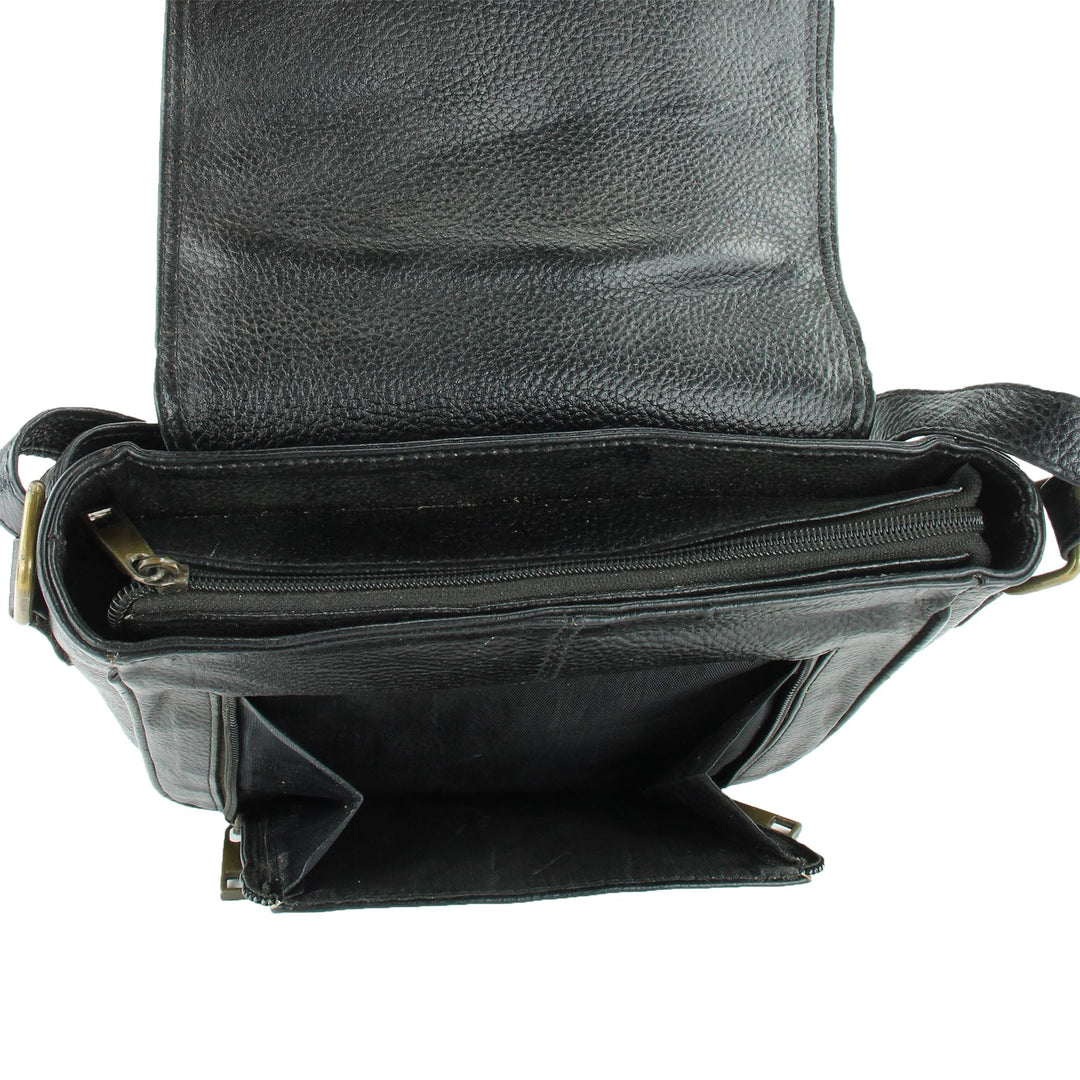 Real Leather Shoulder Bag with Large Extendable Front Pocket - Black