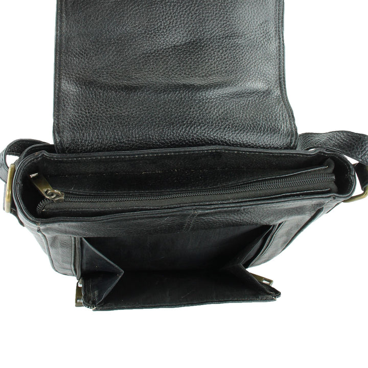 Real Leather Shoulder Bag with Large Extendable Front Pocket - Black
