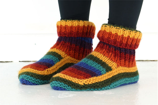 Hand Knitted Wool Slipper Socks - Stripe Dark Rainbow