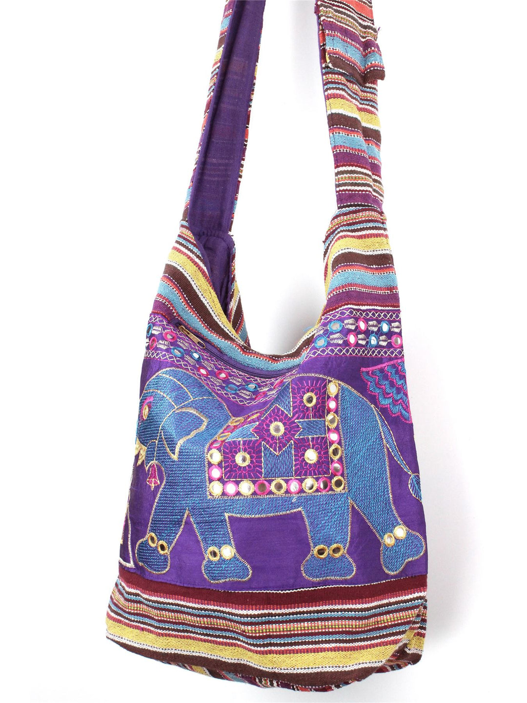 Embroidered Elephant Canvas Sling Shoulder Bag - Purple