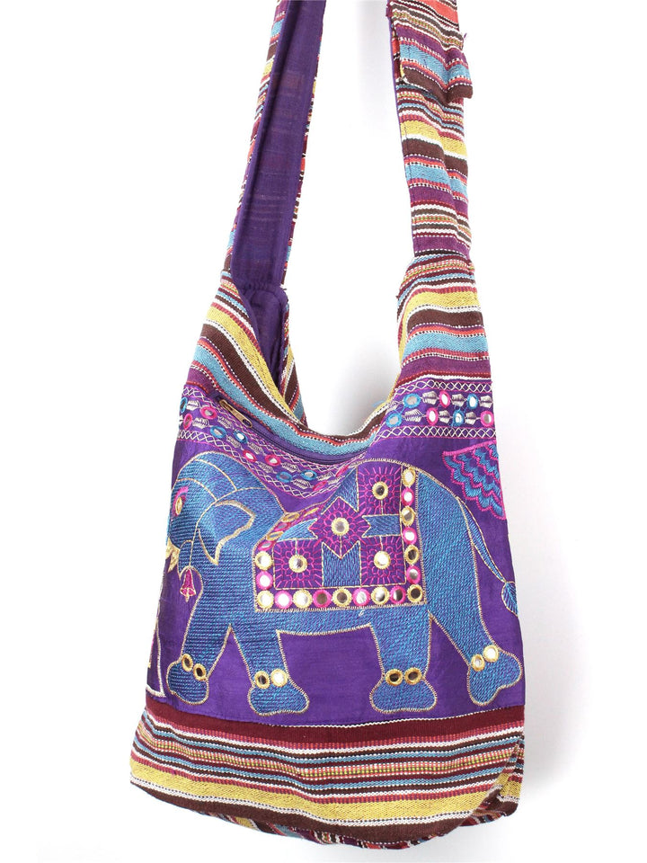 Embroidered Elephant Canvas Sling Shoulder Bag - Purple