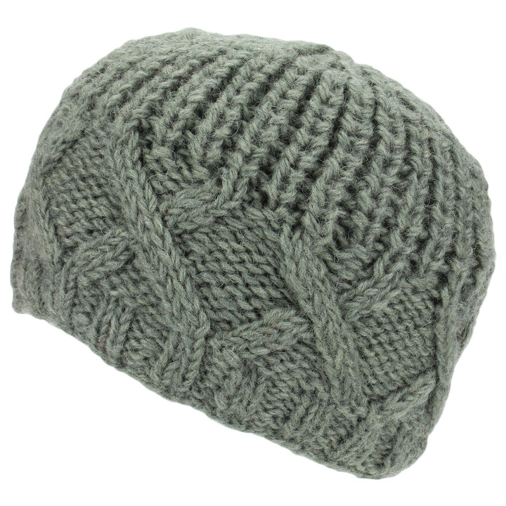 Wool Beanie Hat with Chunky Cross Cable Knit Design