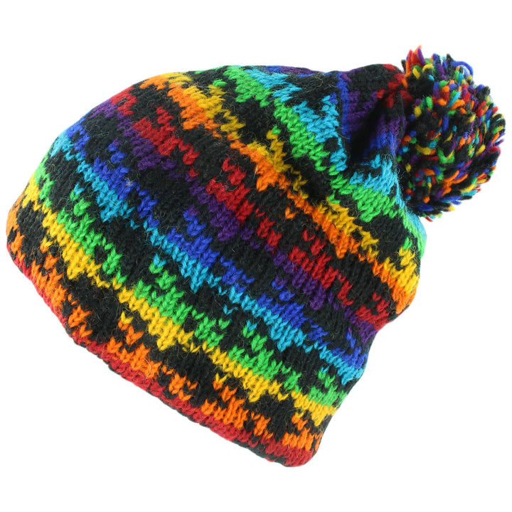 Wool Knit Bobble Beanie Hat - Rainbow Houndstooth