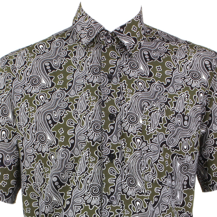 Regular Fit Short Sleeve Shirt - Green & Black Abstract