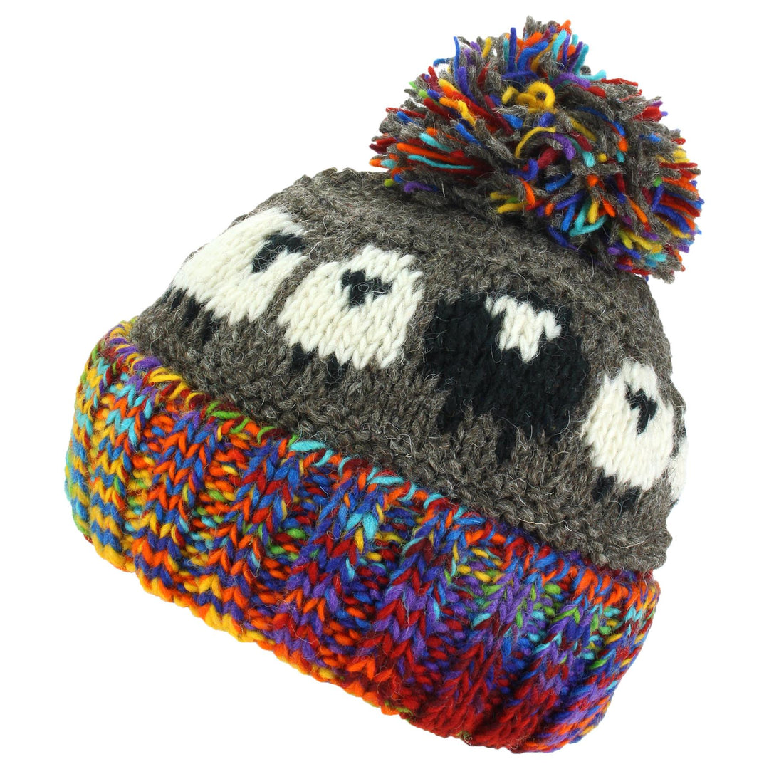 Wool Knit Bobble Beanie Hat - Sheep - Grey Rainbow