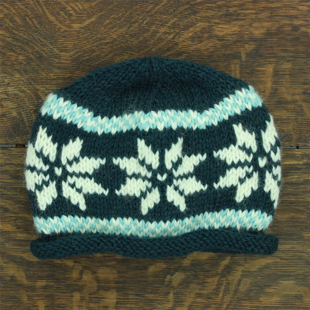 Hand Knitted Wool Beanie Hat - Snowflake Dark Teal