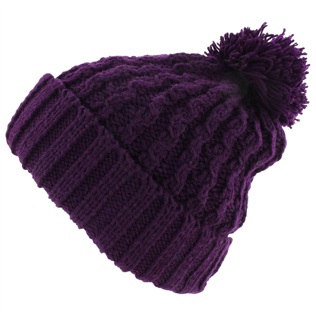 Cable Knit Bobble Beanie Hat - Purple
