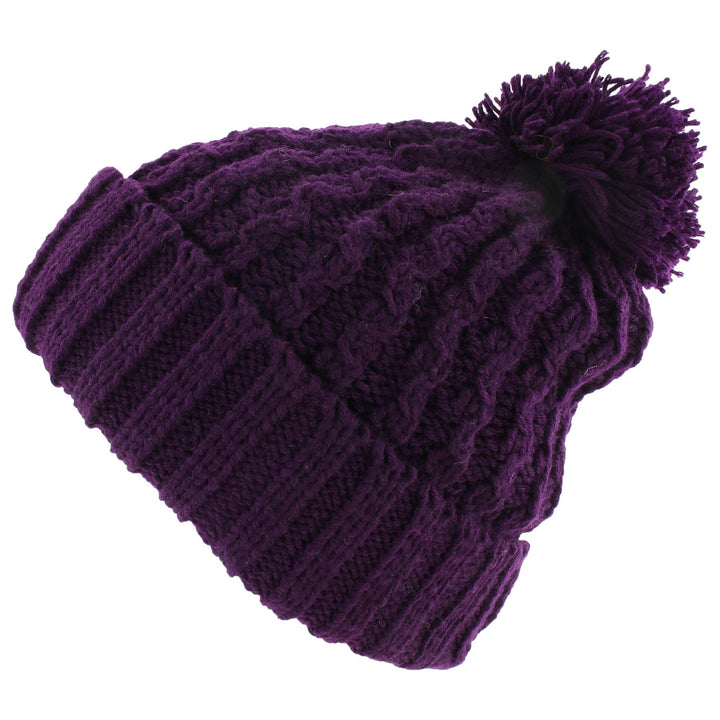 Cable Knit Bobble Beanie Hat - Purple