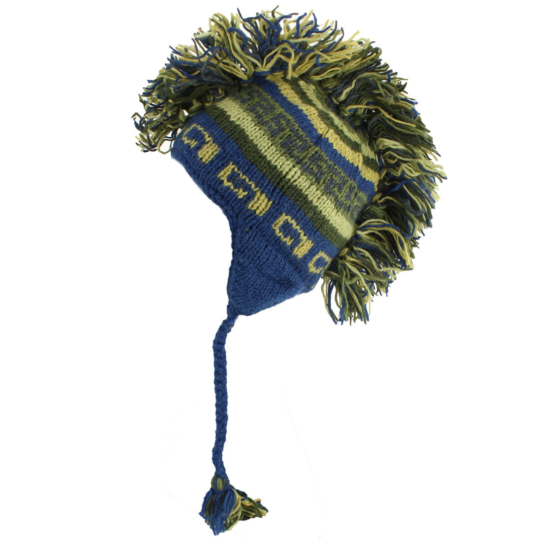 Wool Knit 'Punk' Mohawk Earflap Beanie Hat - Blue & Green (Adult)