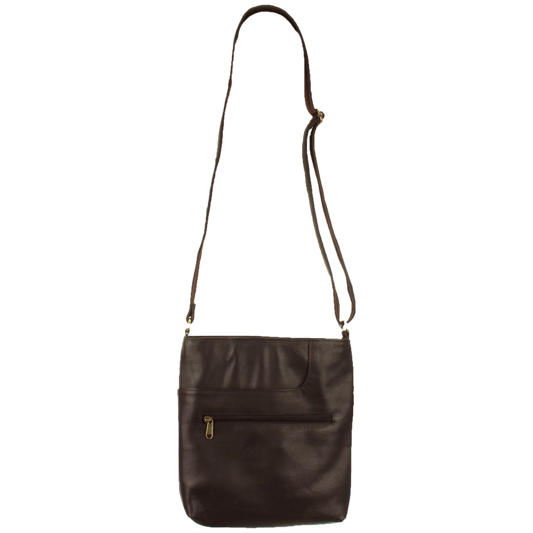 Real Leather Shoulder Bag with Front Zip and Pouch Pocket - Dark Brown