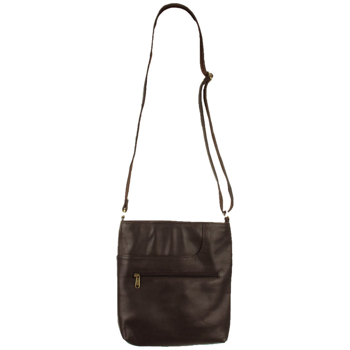 Real Leather Shoulder Bag with Front Zip and Pouch Pocket - Dark Brown