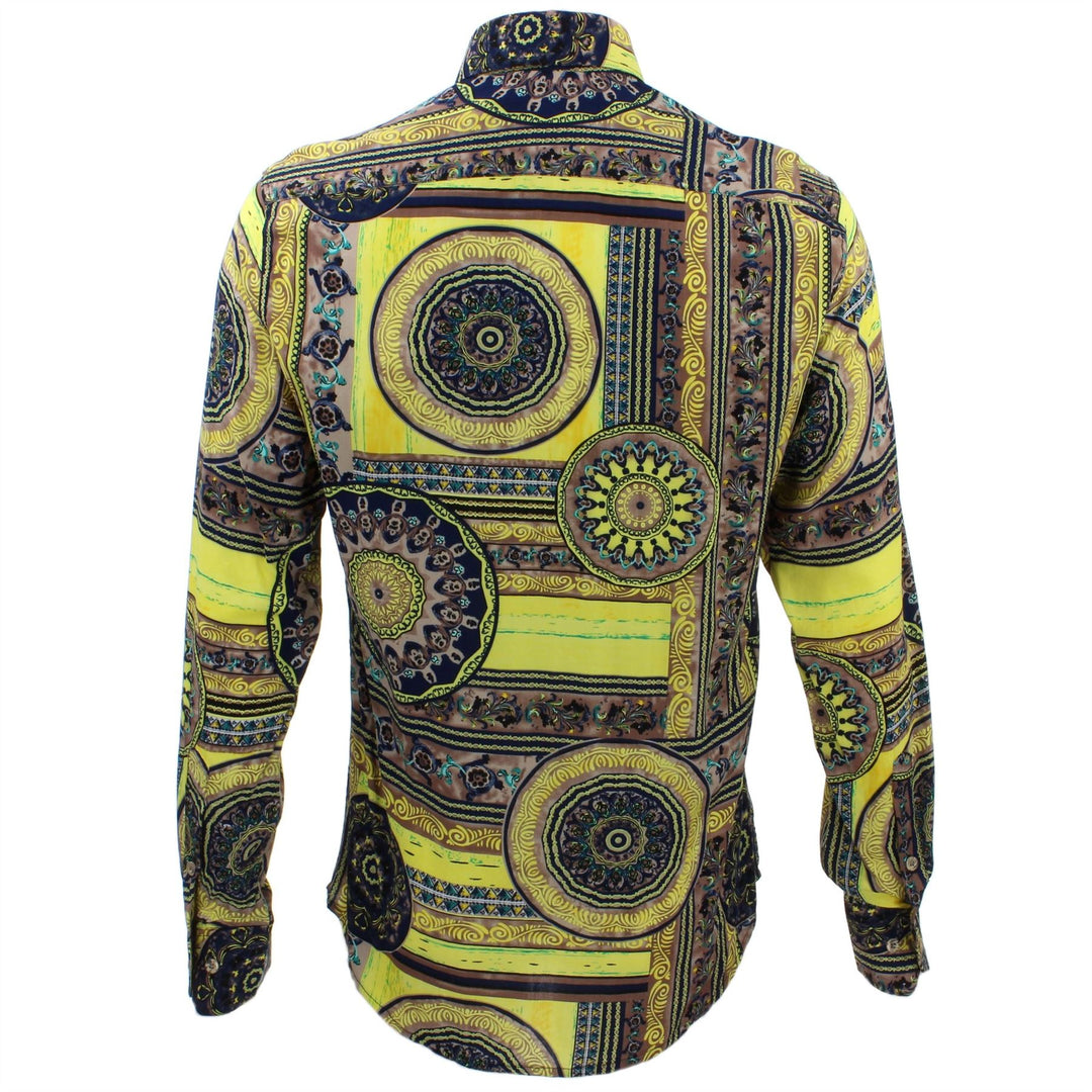 Tailored Fit Long Sleeve Shirt - Yellow Grey & Navy Abstract