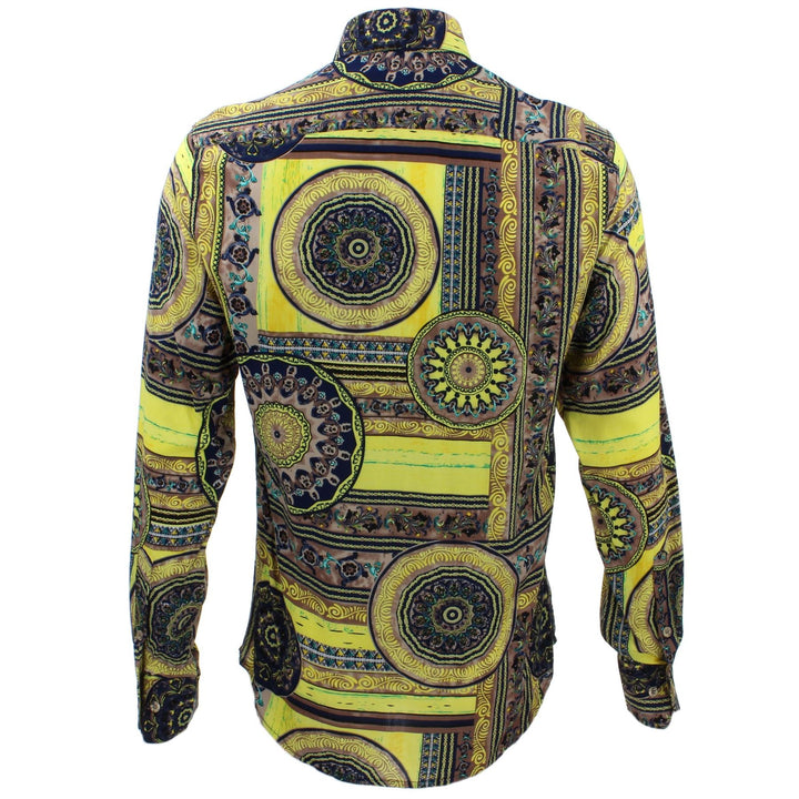 Tailored Fit Long Sleeve Shirt - Yellow Grey & Navy Abstract