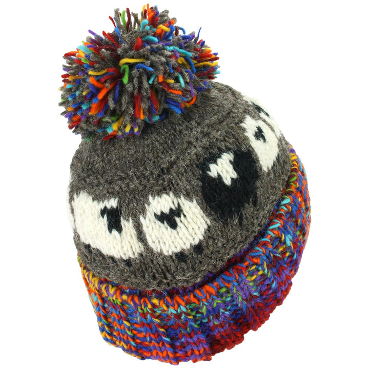 Wool Knit Bobble Beanie Hat - Sheep - Grey Rainbow