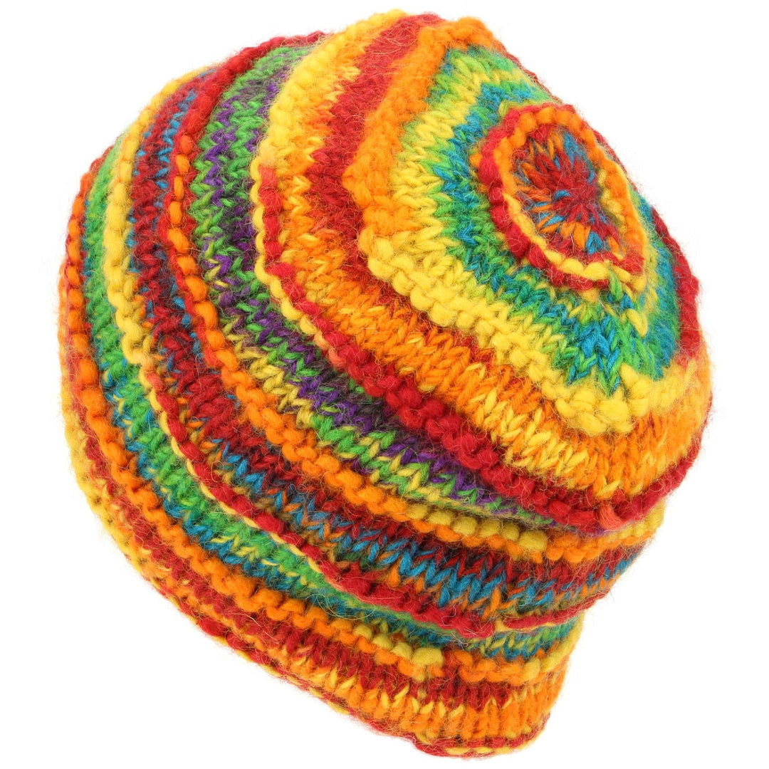 Chunky Ribbed Wool Knit Beanie Hat with Space Dye Design - Rainbow