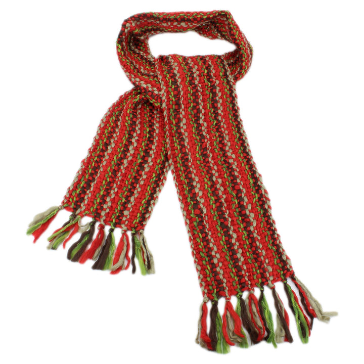 Long Chunky Knit Acrylic Scarf - Red, Brown & Beige