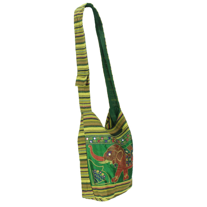 Embroidered Elephant Canvas Sling Shoulder Bag - Light Green