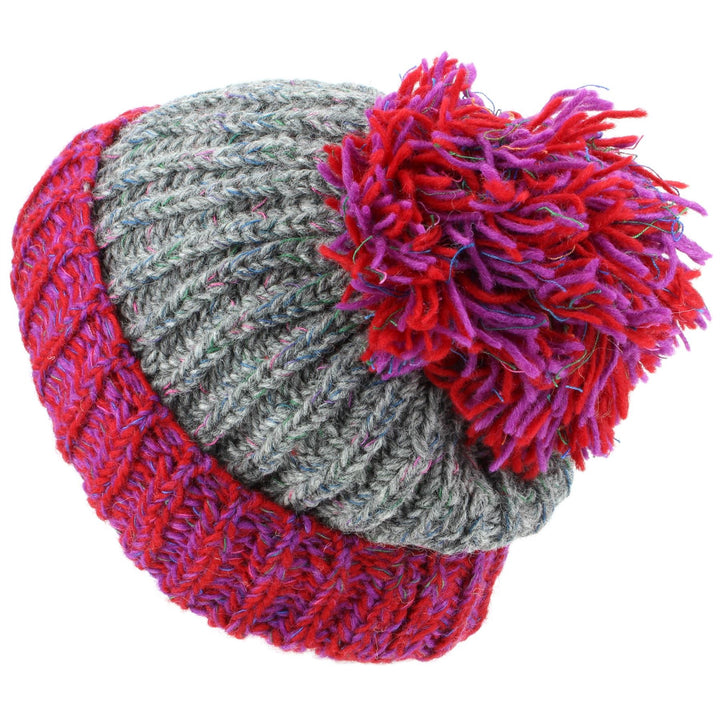 Chunky Wool Knit Baggy Slouch Beanie Hat with Contrast Turn-up and Bobble - Grey