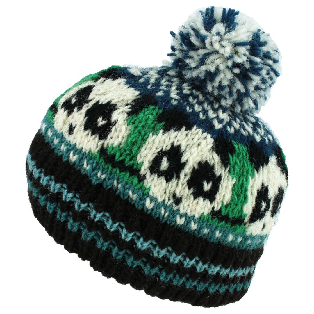 Wool Knit Bobble Beanie Hat - Panda - Green Teal